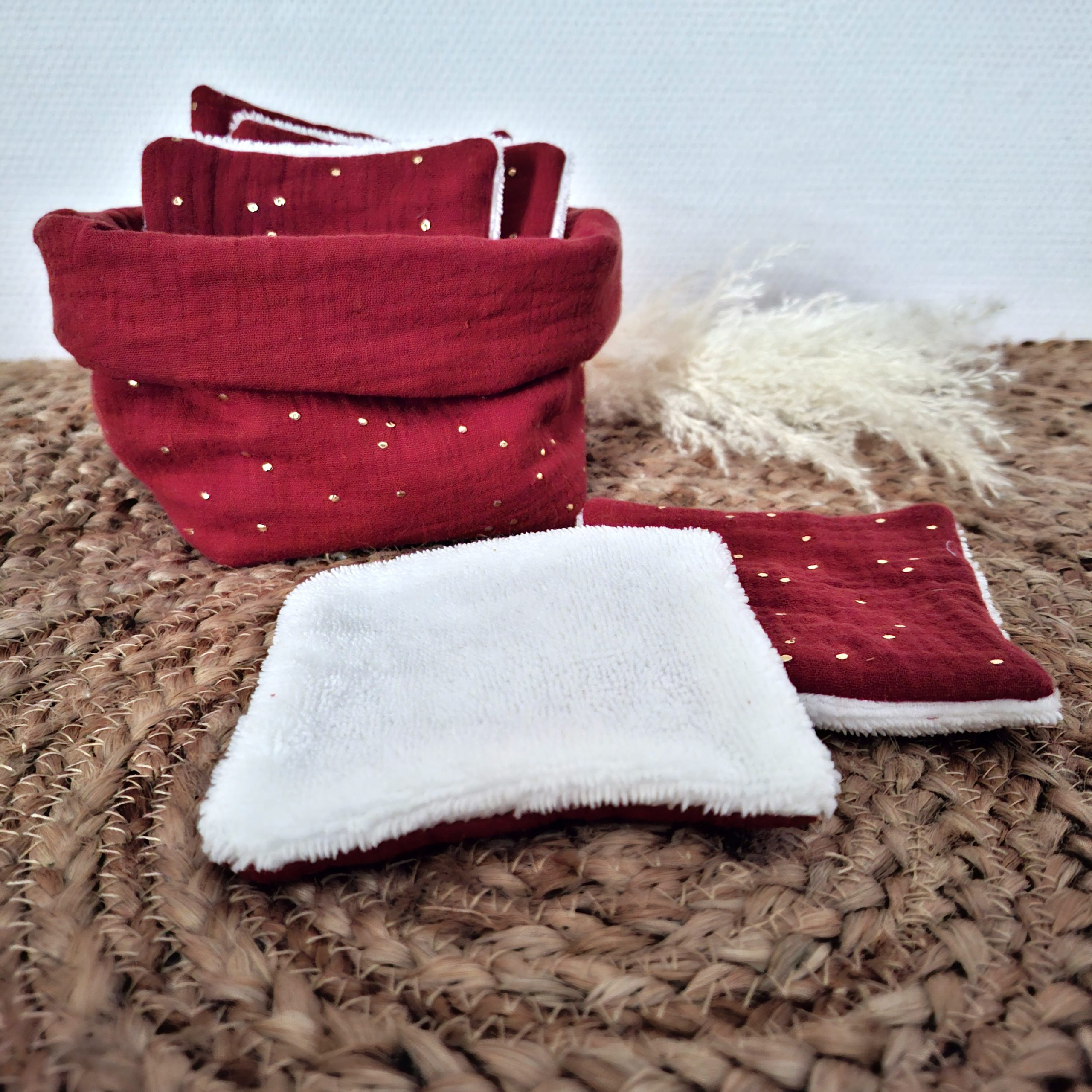 Panière avec lingettes coton double gaze pois dorés couleur terracotta