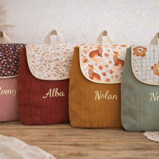 Collection des sacs à dos enfant velours côtelé rose bordeaux vert sauge camel