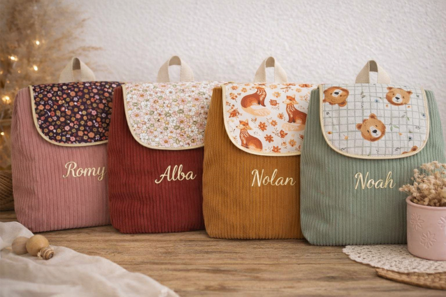 Collection des sacs à dos enfant velours côtelé rose bordeaux vert sauge camel