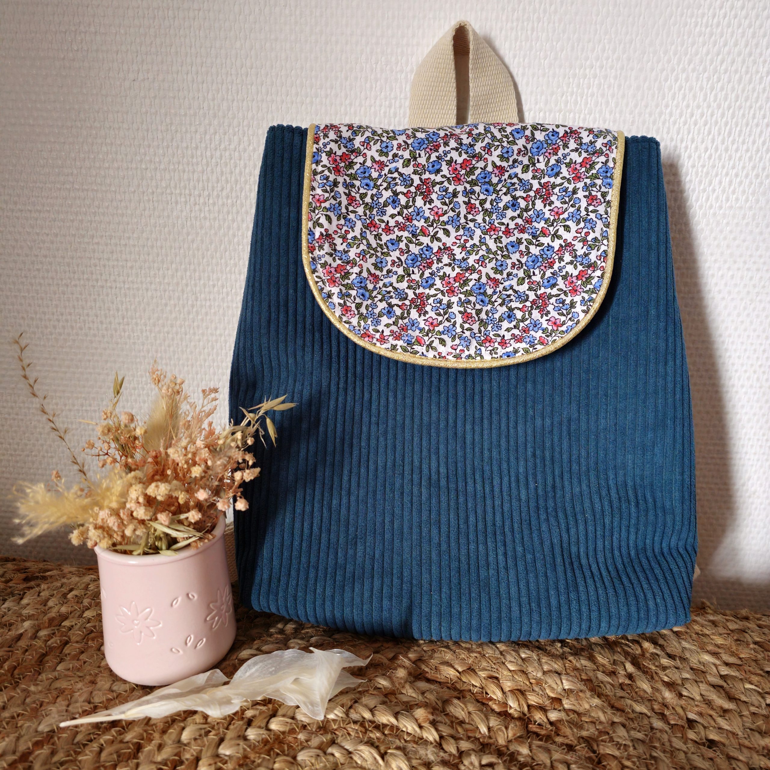Sac à dos pour enfant en velours côtelé couleur bleu canard
