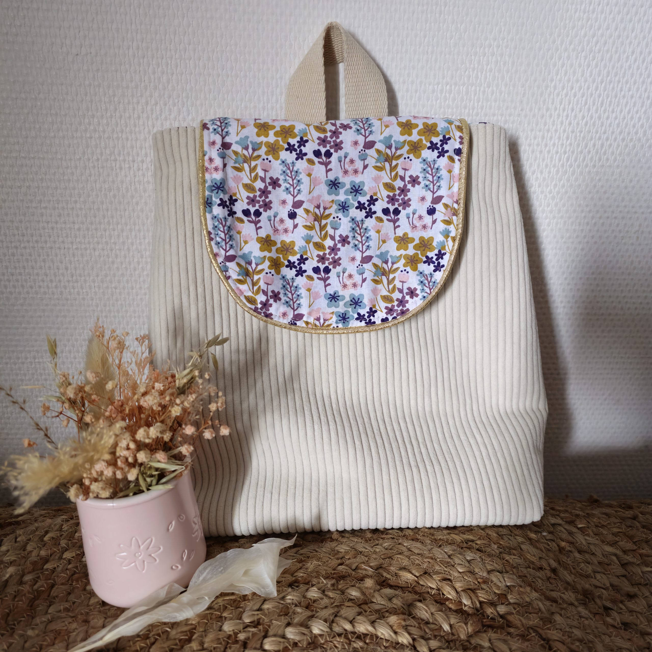 Sac à dos pour enfant en velours côtelé couleur écru