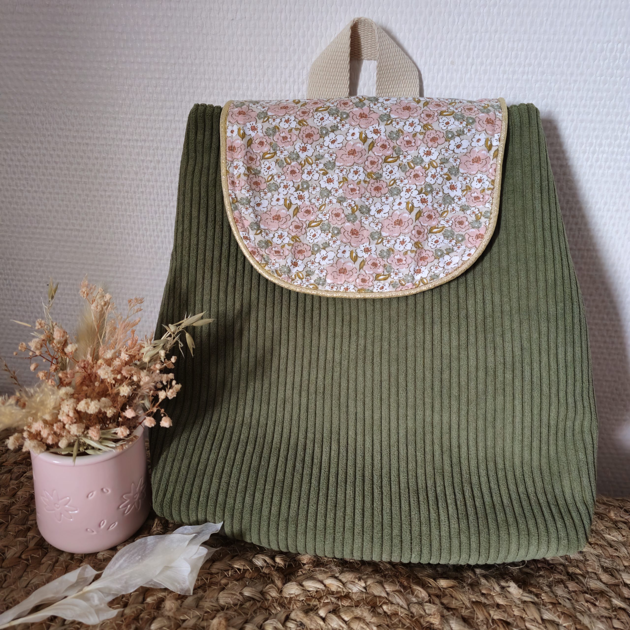 Sac à dos pour enfant en velours côtelé couleur vert kaki