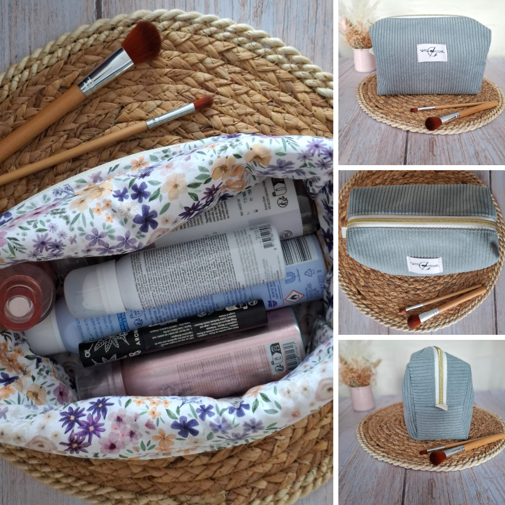 trousse de toilette velours côtelé vert sauge