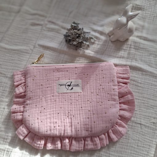 trousse plate zippée double gaze avec pois doré couleur rose clair