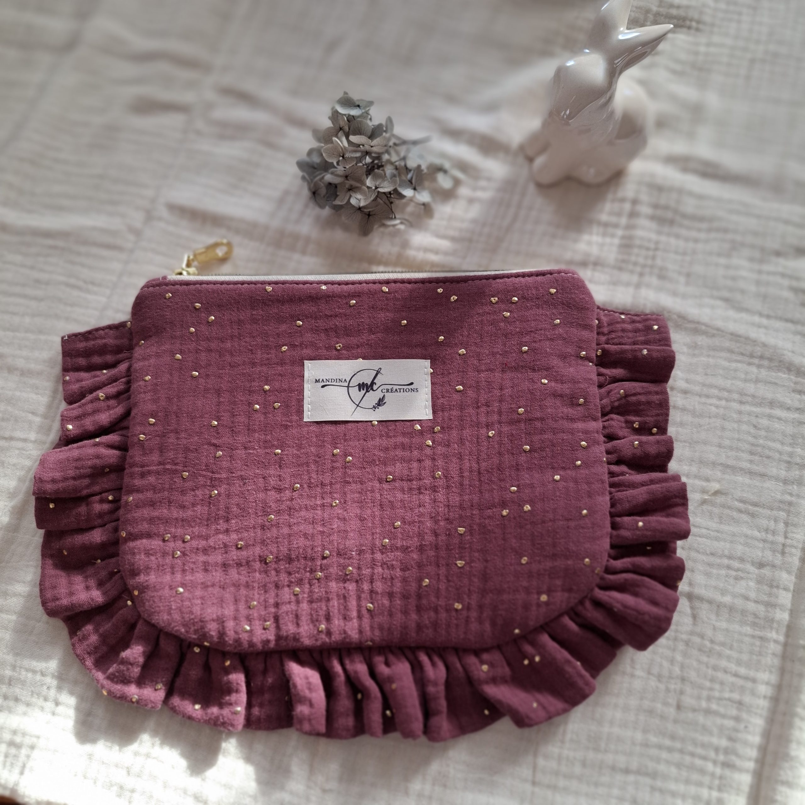 trousse plate zippée double gaze avec pois doré couleur violet