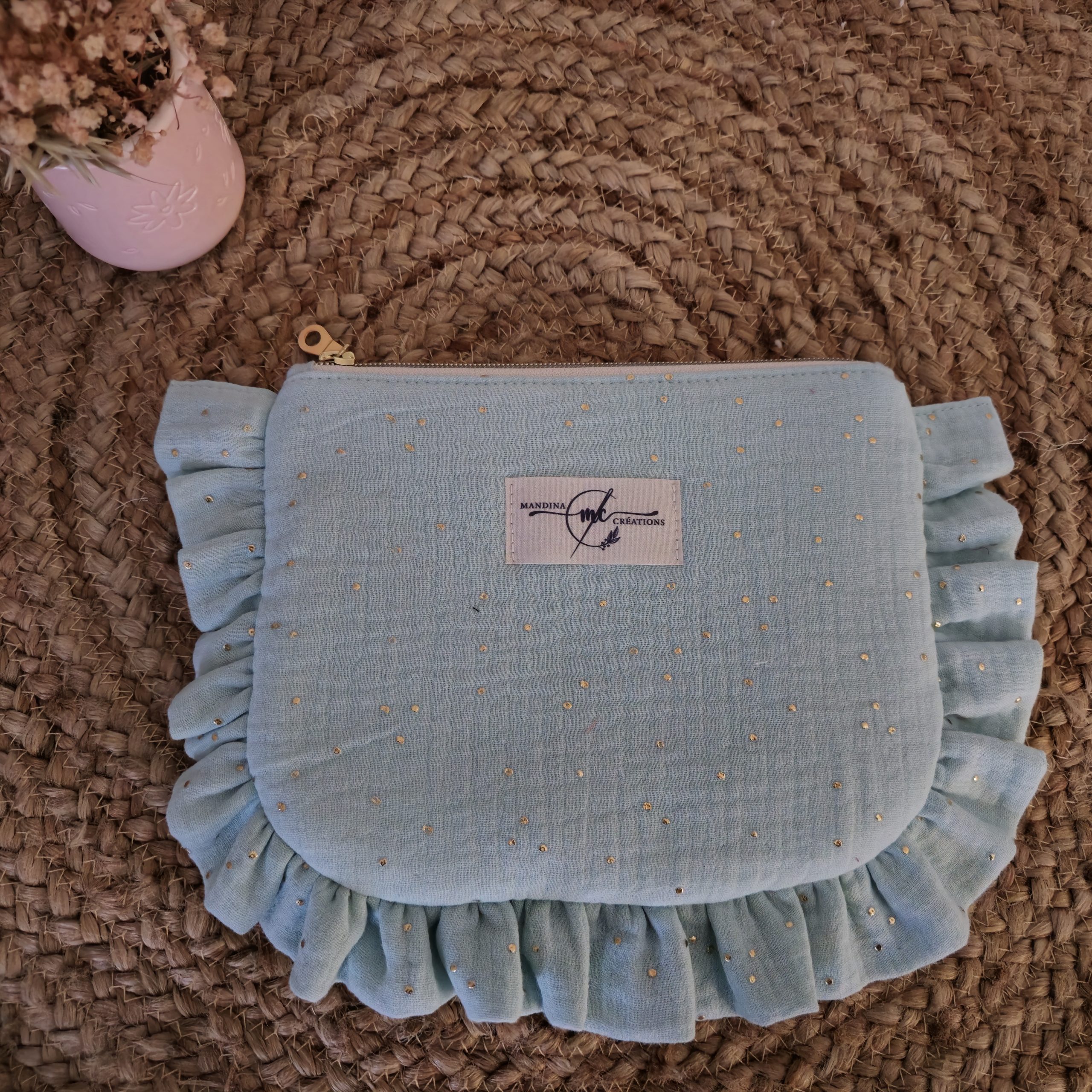 trousse plate zippée double gaze avec pois doré couleur bleu menthe