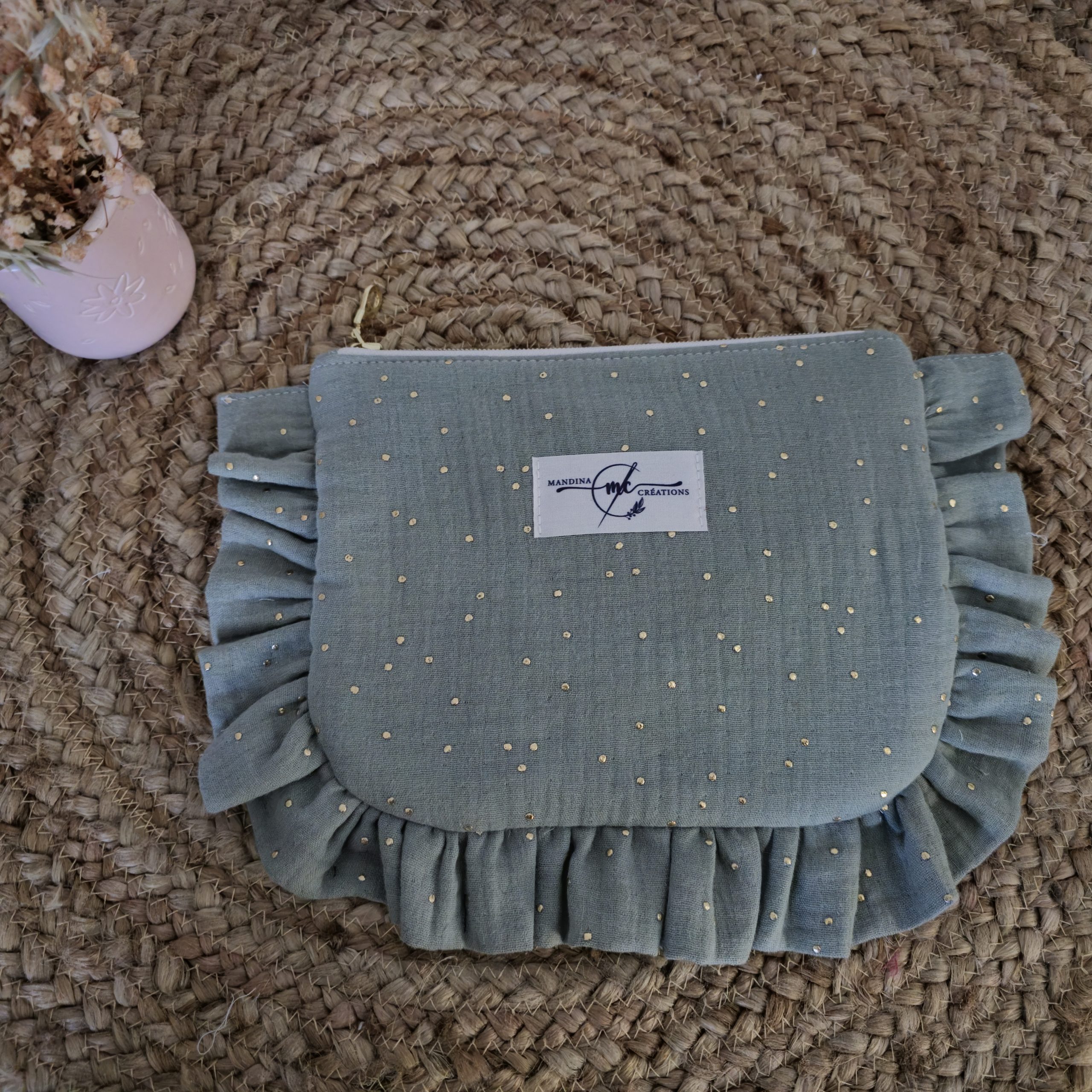 trousse plate zippée double gaze avec pois doré couleur vert kaki