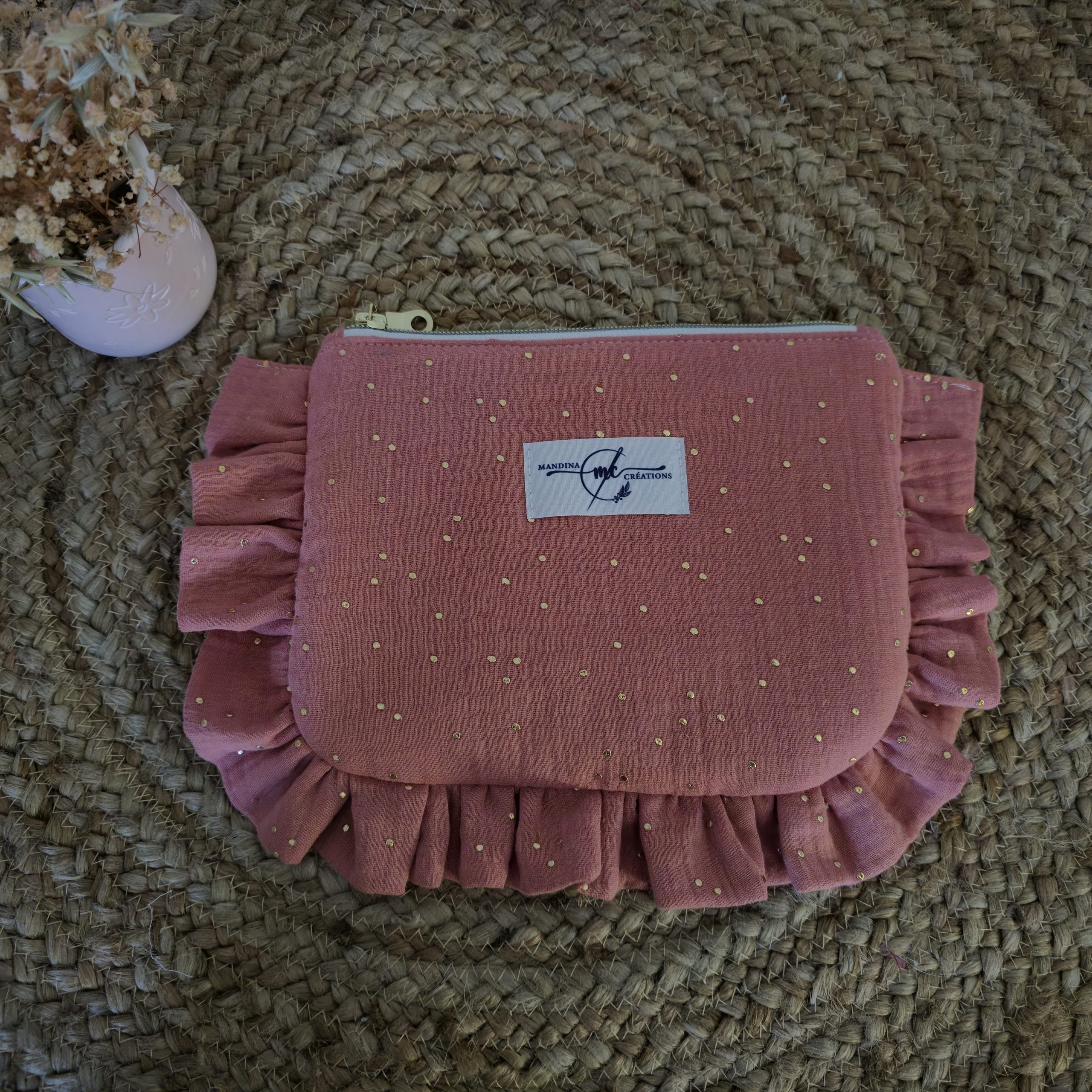 trousse plate zippée double gaze avec pois doré couleur rose