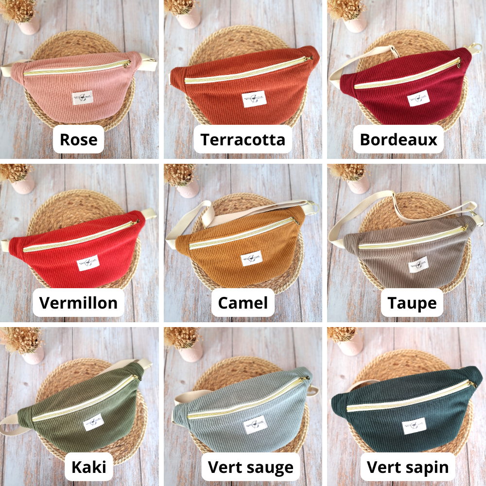sac banane velours côtelé rose terracotta bordeaux vermillon camel taupe kaki vert sauge vert kaki