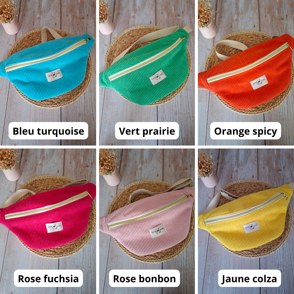 sac banane velours côtelé bleu turquoise vert prairie orange spicy rose fuchsia rose bonbon jaune colza