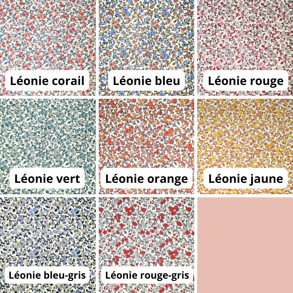 tissus imprimés léonie corail bleu rouge vert orange jaune bleu-gris rouge-gris
