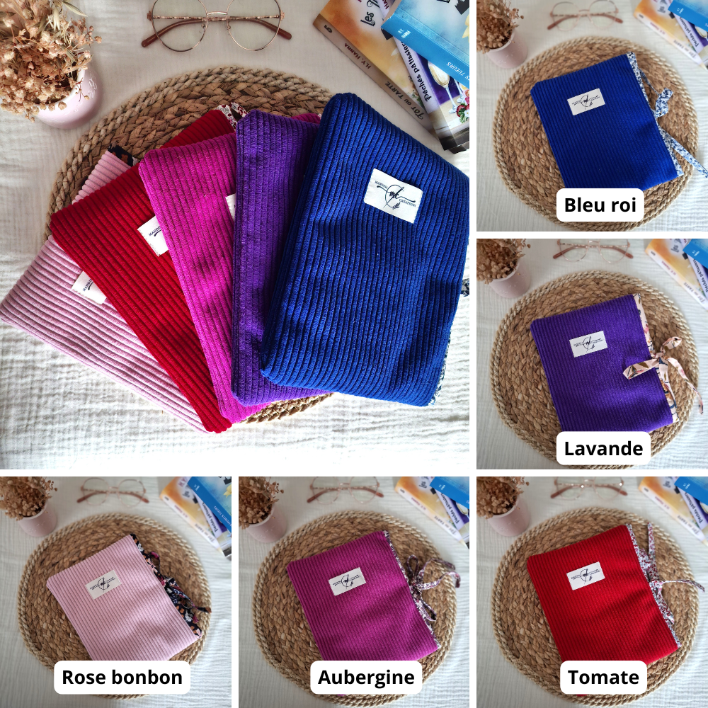 lot de pochettes pour livre de poche velours côtelés bleu roi lavande tomage aubergine rose bonbon