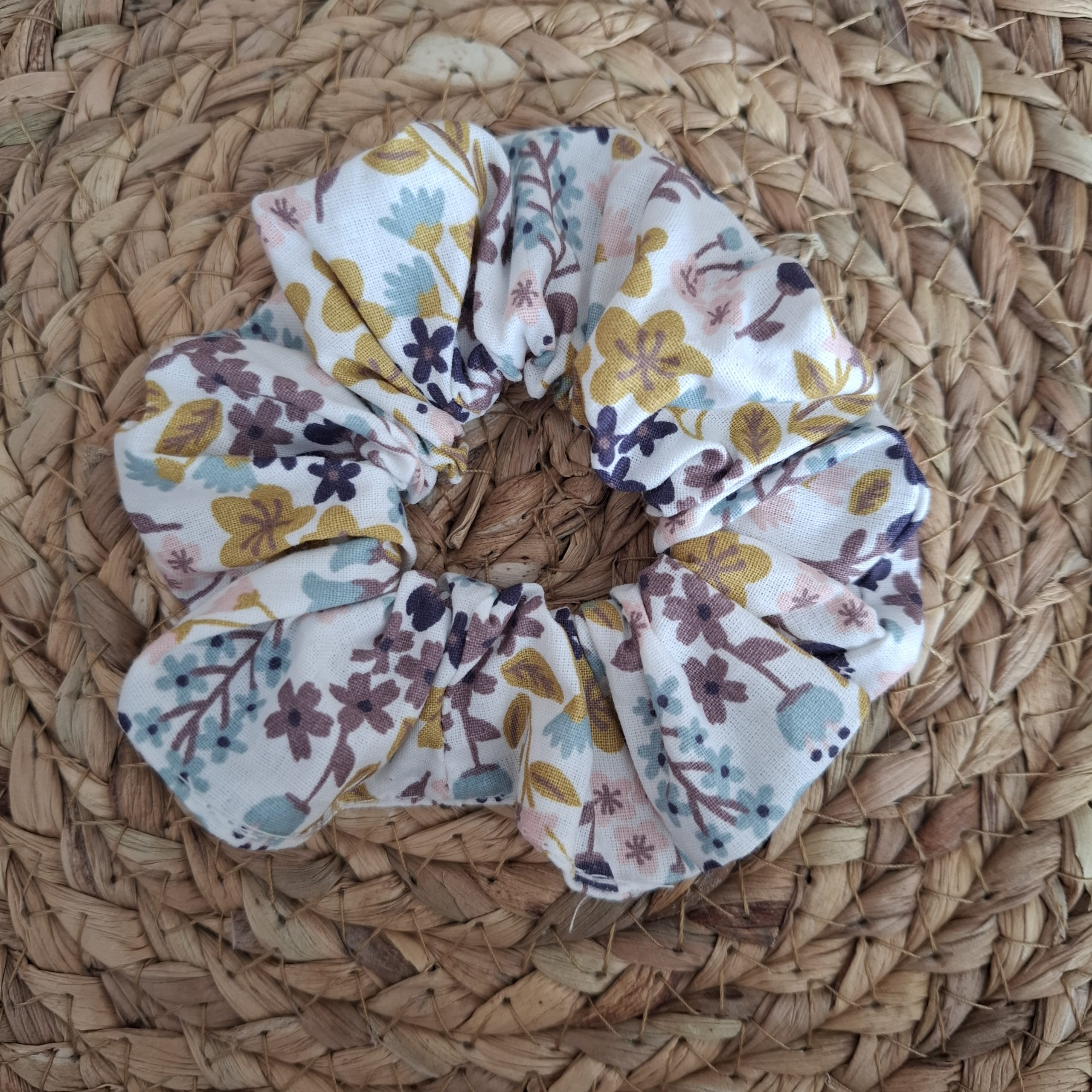 chouchou coton imprimé fleurs végétal bleu