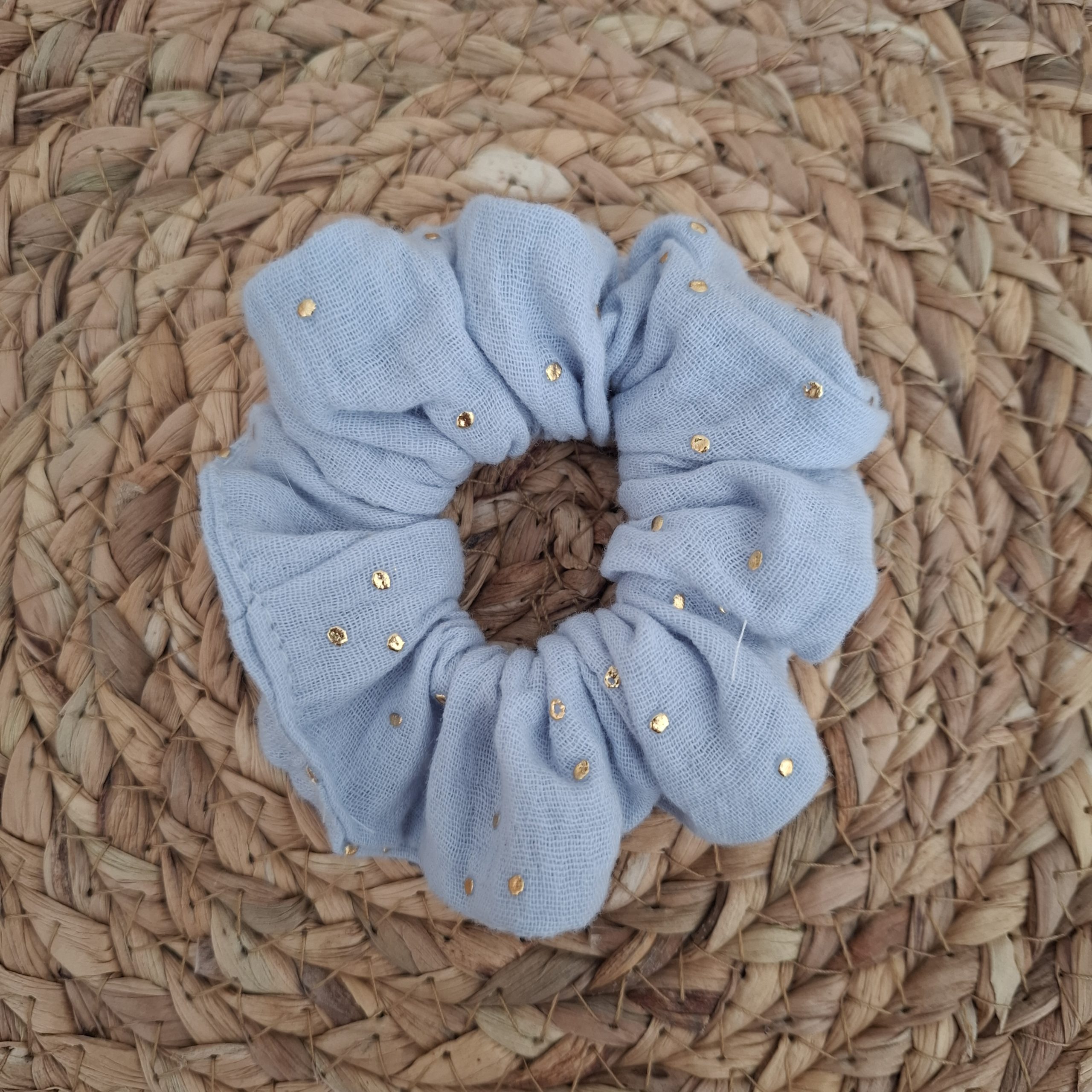 chouchou double gaze pois dorés bleu ciel