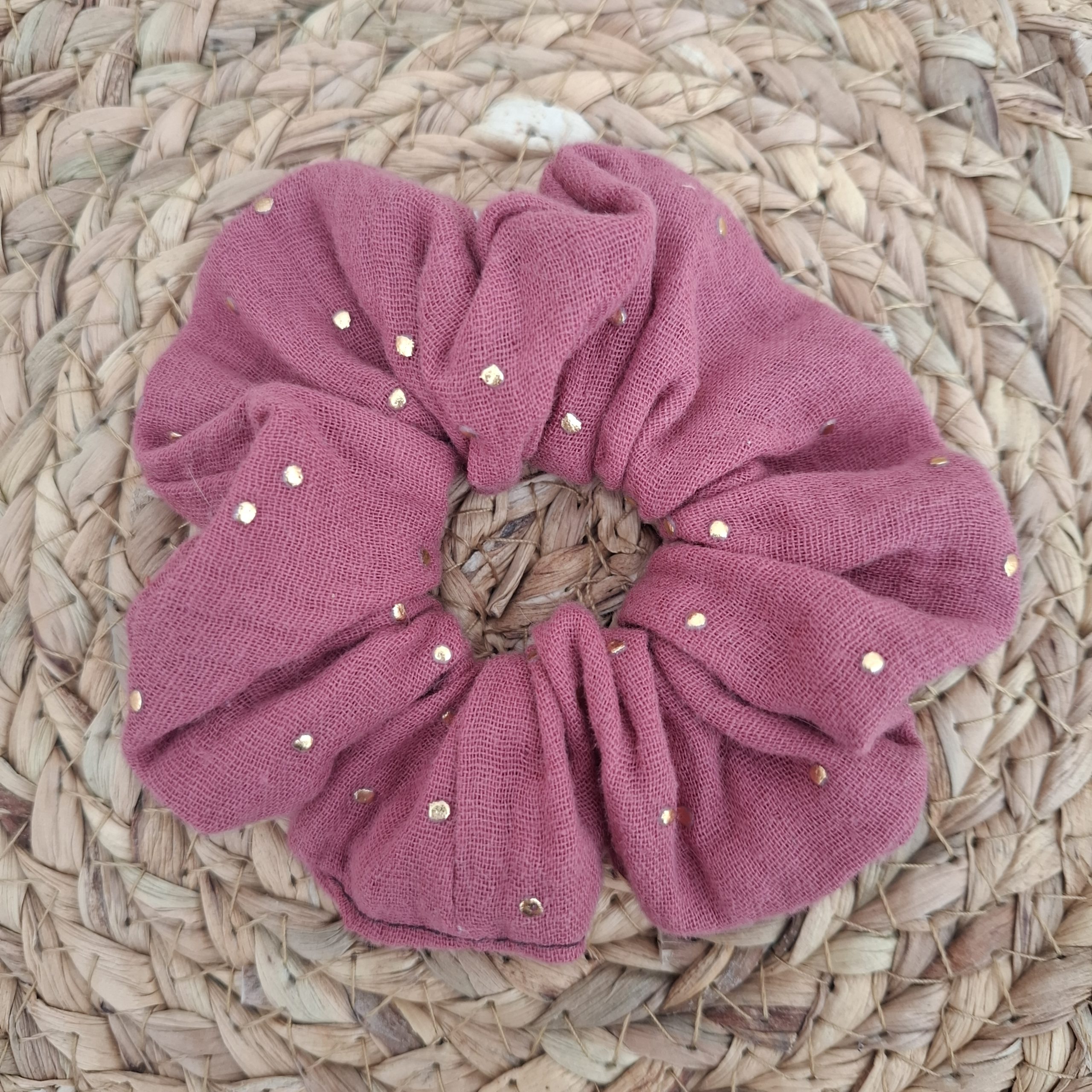 chouchou double gaze pois dorés framboise