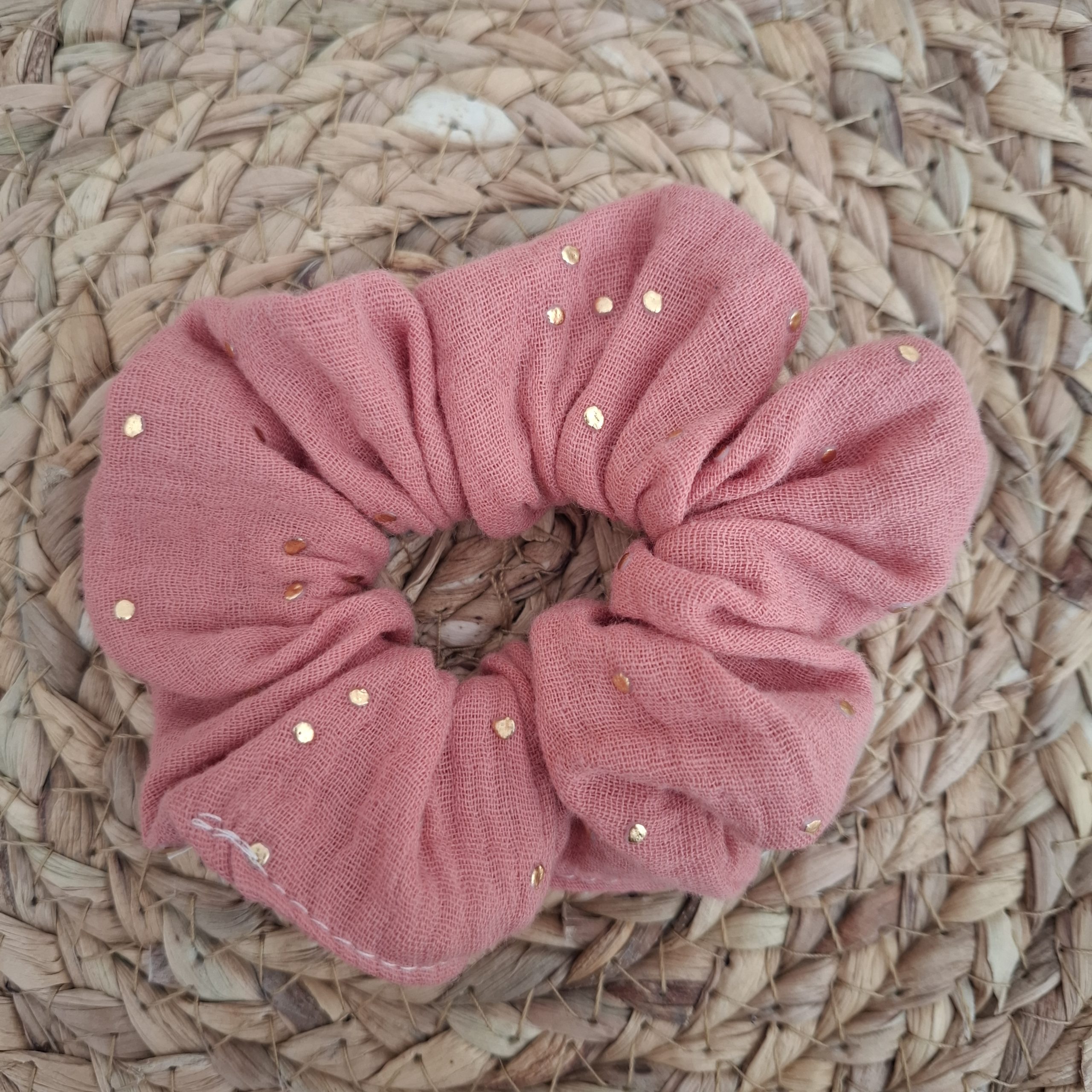 chouchou double gaze pois dorés rose marsala