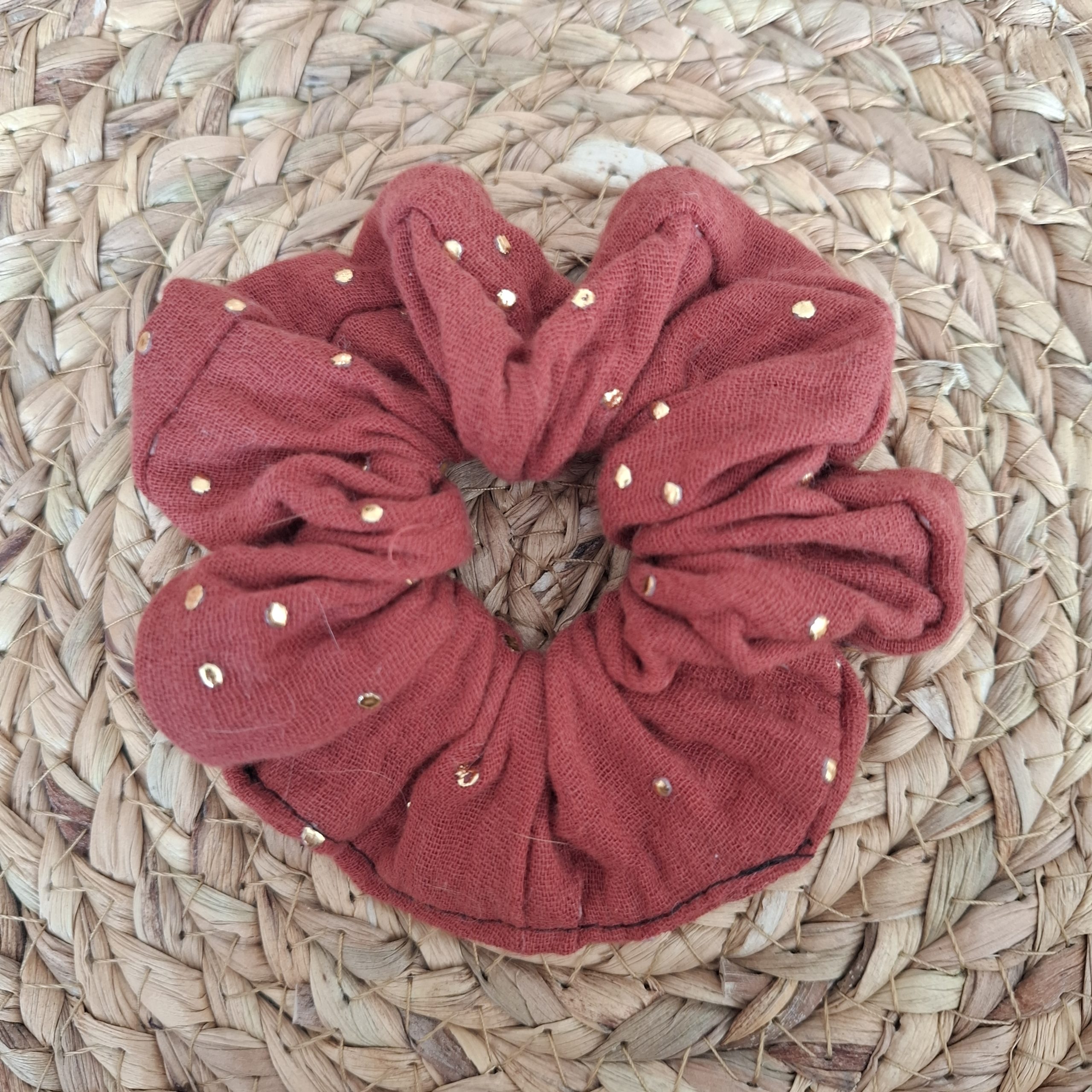 chouchou double gaze pois dorés terracotta