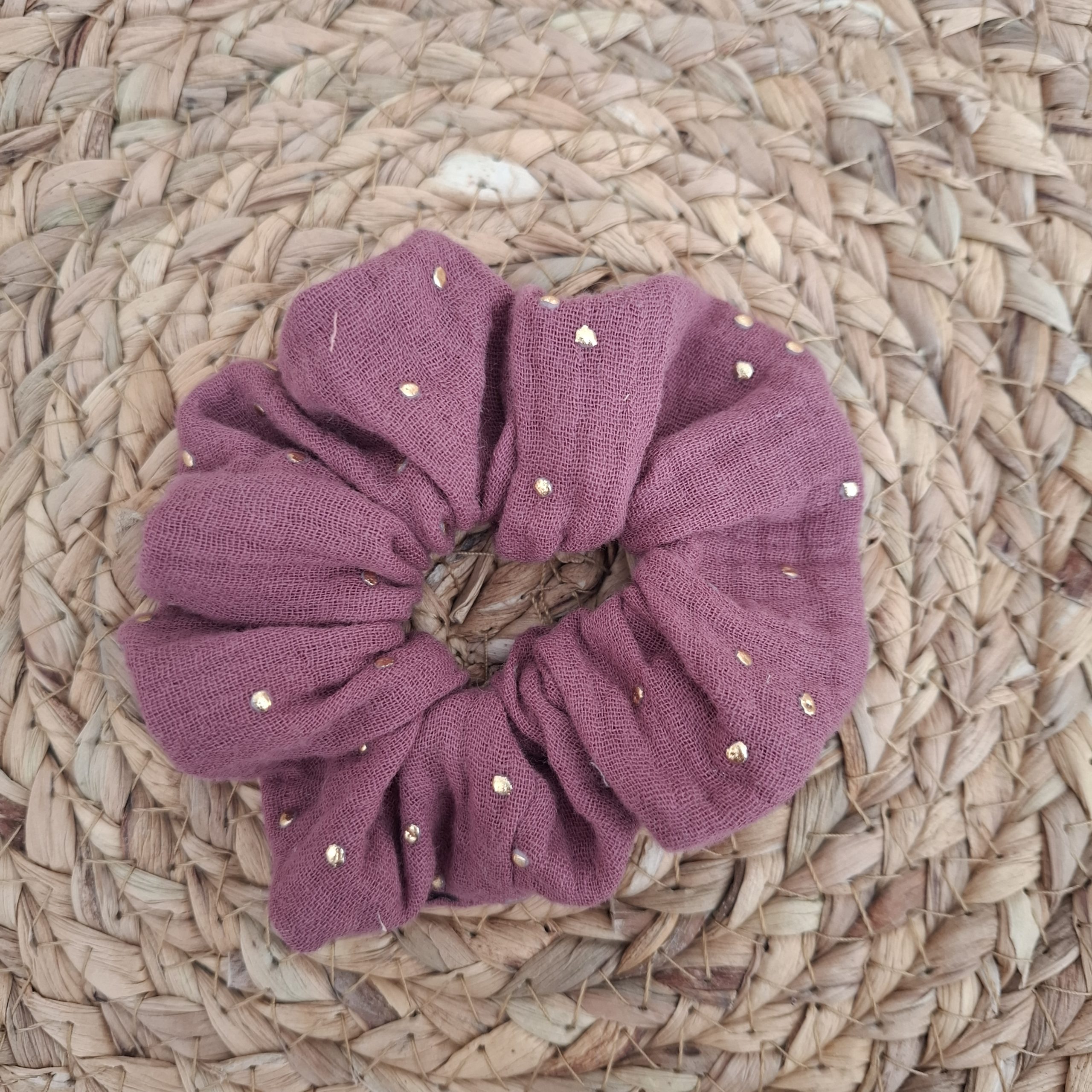 chouchou double gaze pois dorés violet