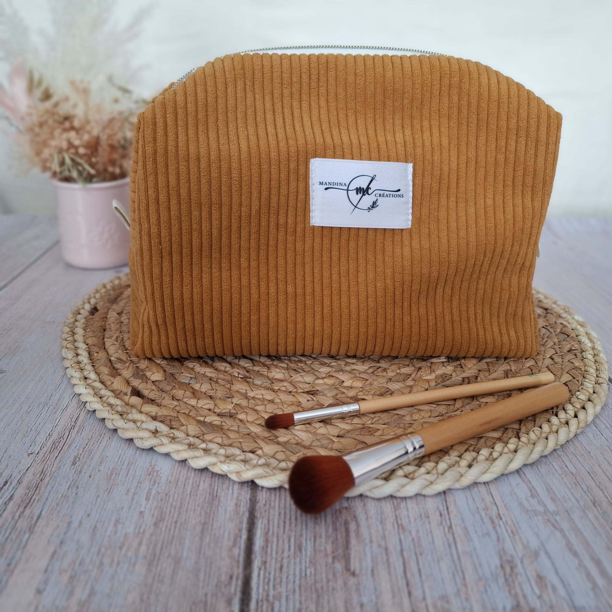 Trousse de toilette velours côtelé camel