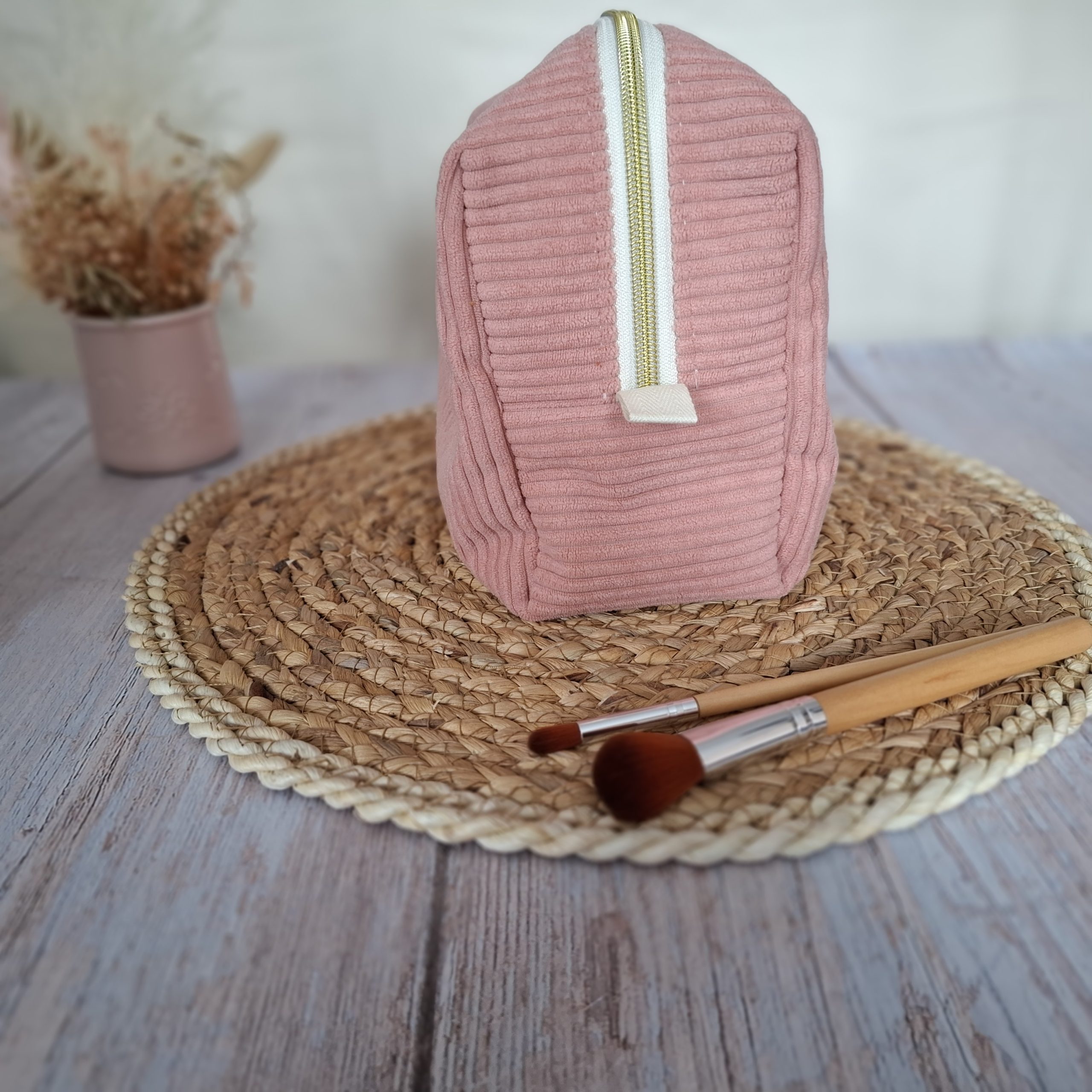Trousse de toilette velours côtelé bois de rose