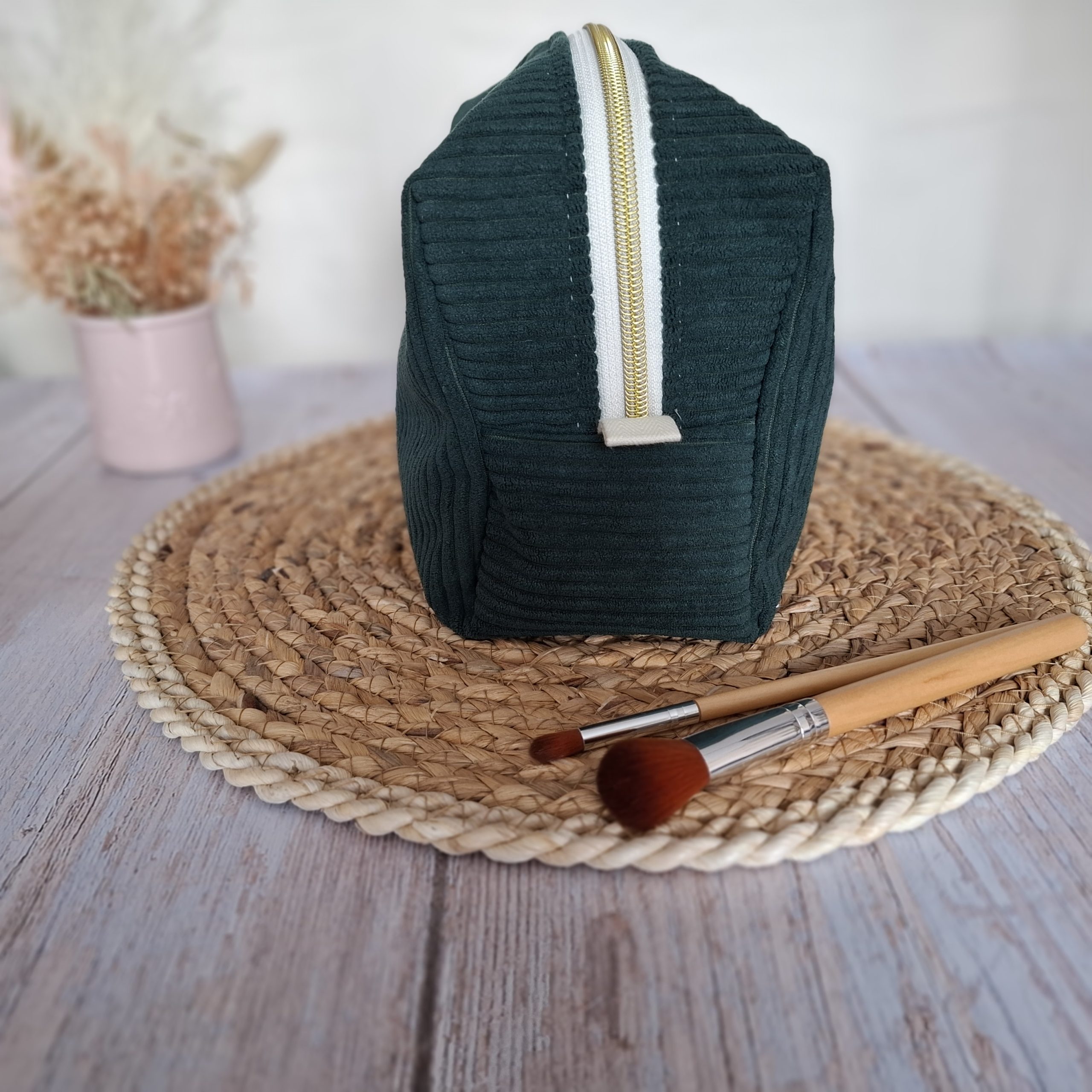 Trousse de toilette velours côtelé vert sapin