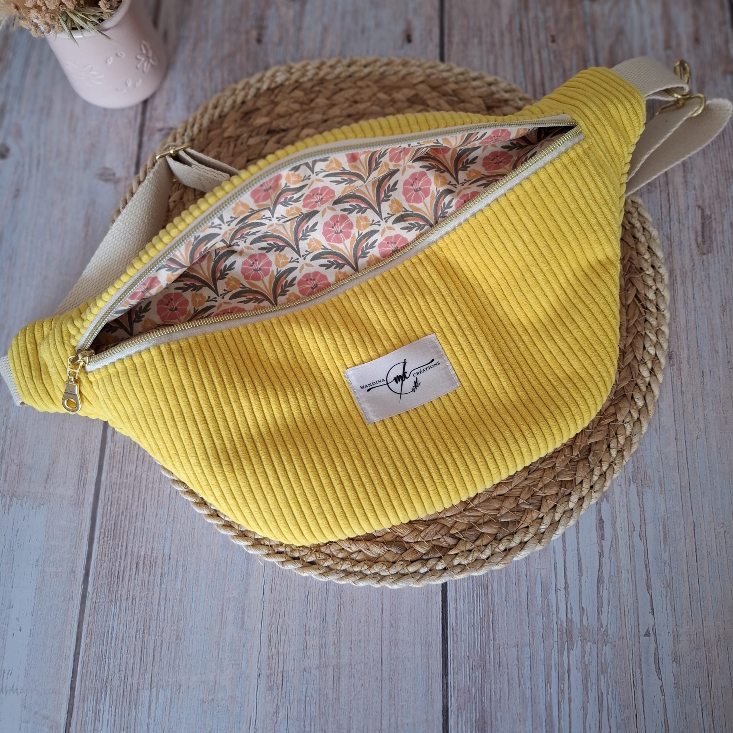 Sac banane velours côtelé colza doublure fleurs vintage Mandina Creations