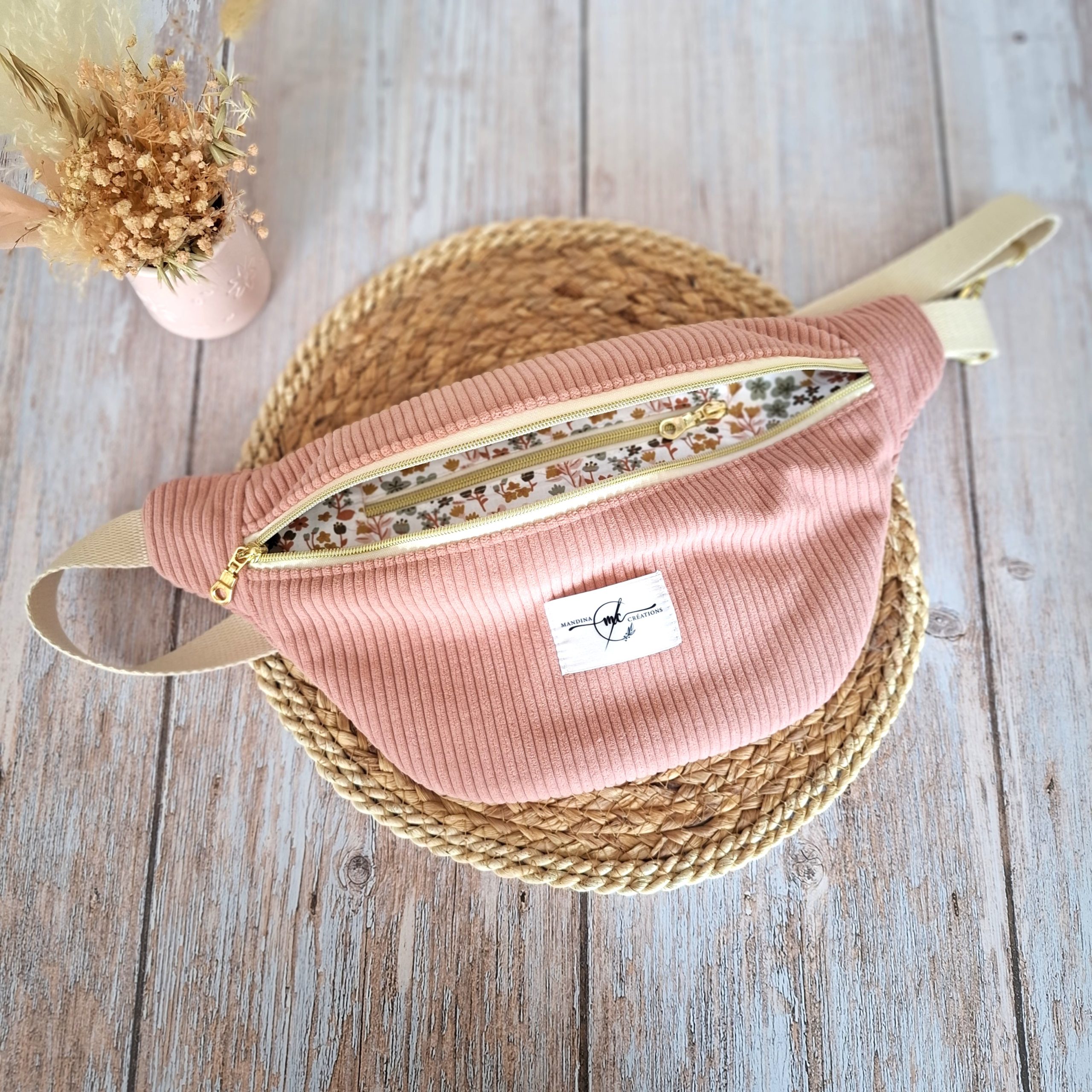sac banane velours côtelé bois de rose personnalisé