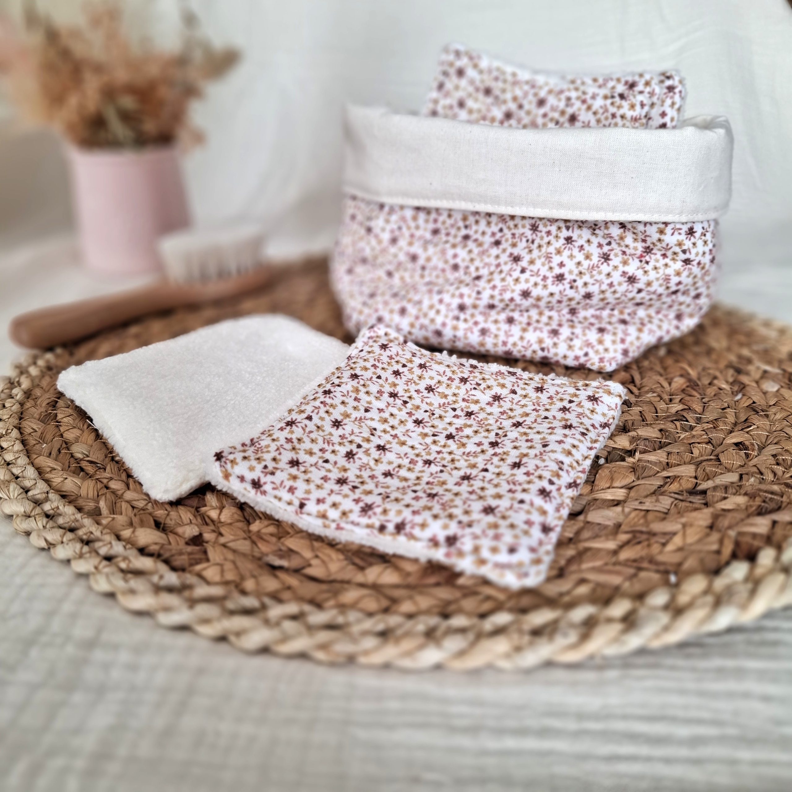 Panière et lingettes lavable tissus double gaze de coton Pio rose
