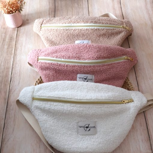 lot de 3 sacs bananes bouclette rose marron blanc