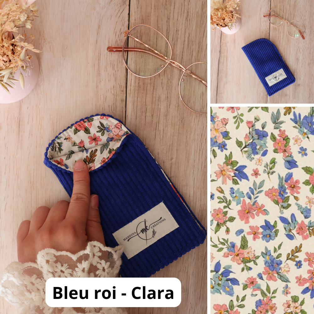 étui à lunette velours cotelé bleu roi clara