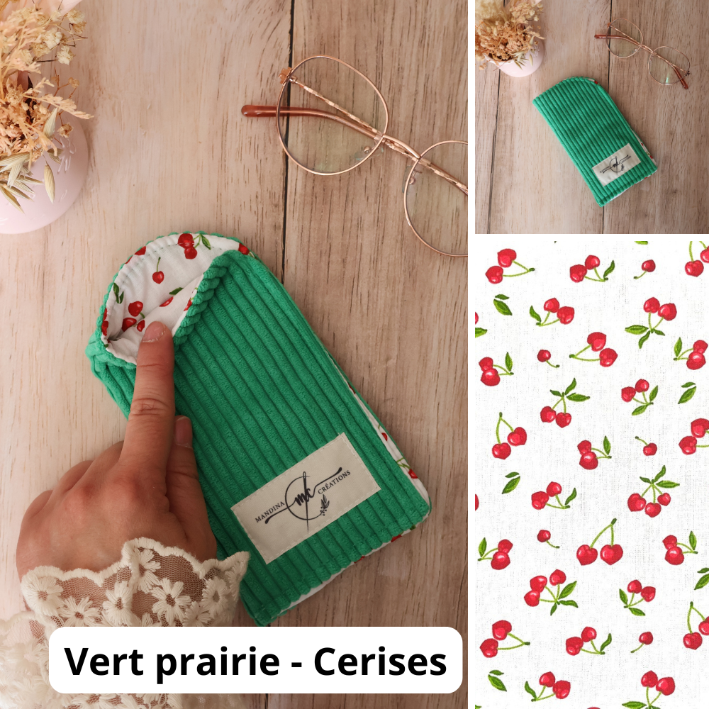 étui à lunette velours cotelé vert prairie cerises