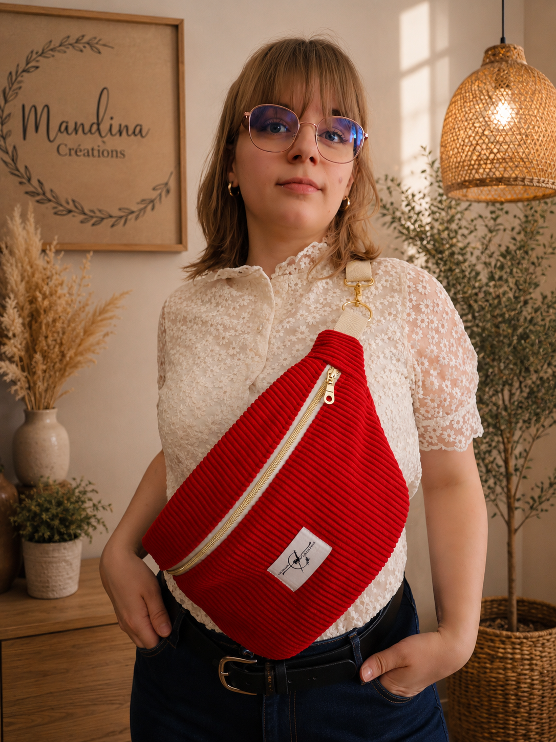 Portrait sac banane xl en velours côtelé huggy tomate tissu Ysée- Mandina Créations