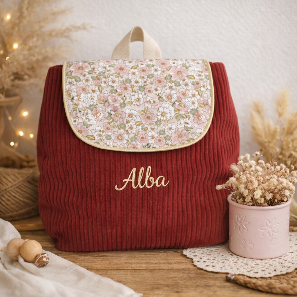 Sac à dos enfant velours côtelé bordeaux - Mandina Créations Trousse de toilette velours côtelé vert sauge