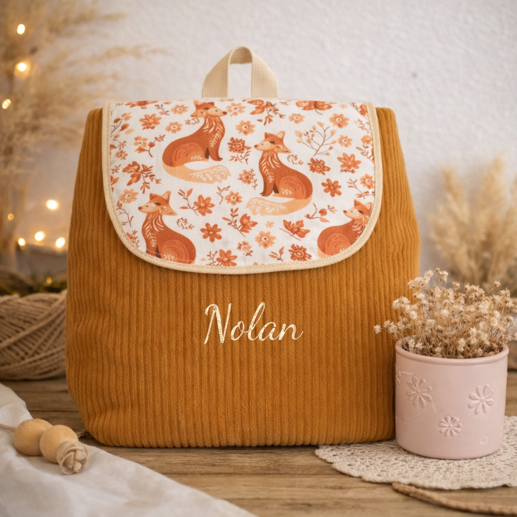 Sac à dos enfant velours côtelé camel renard - Mandina Créations Trousse de toilette velours côtelé vert sauge
