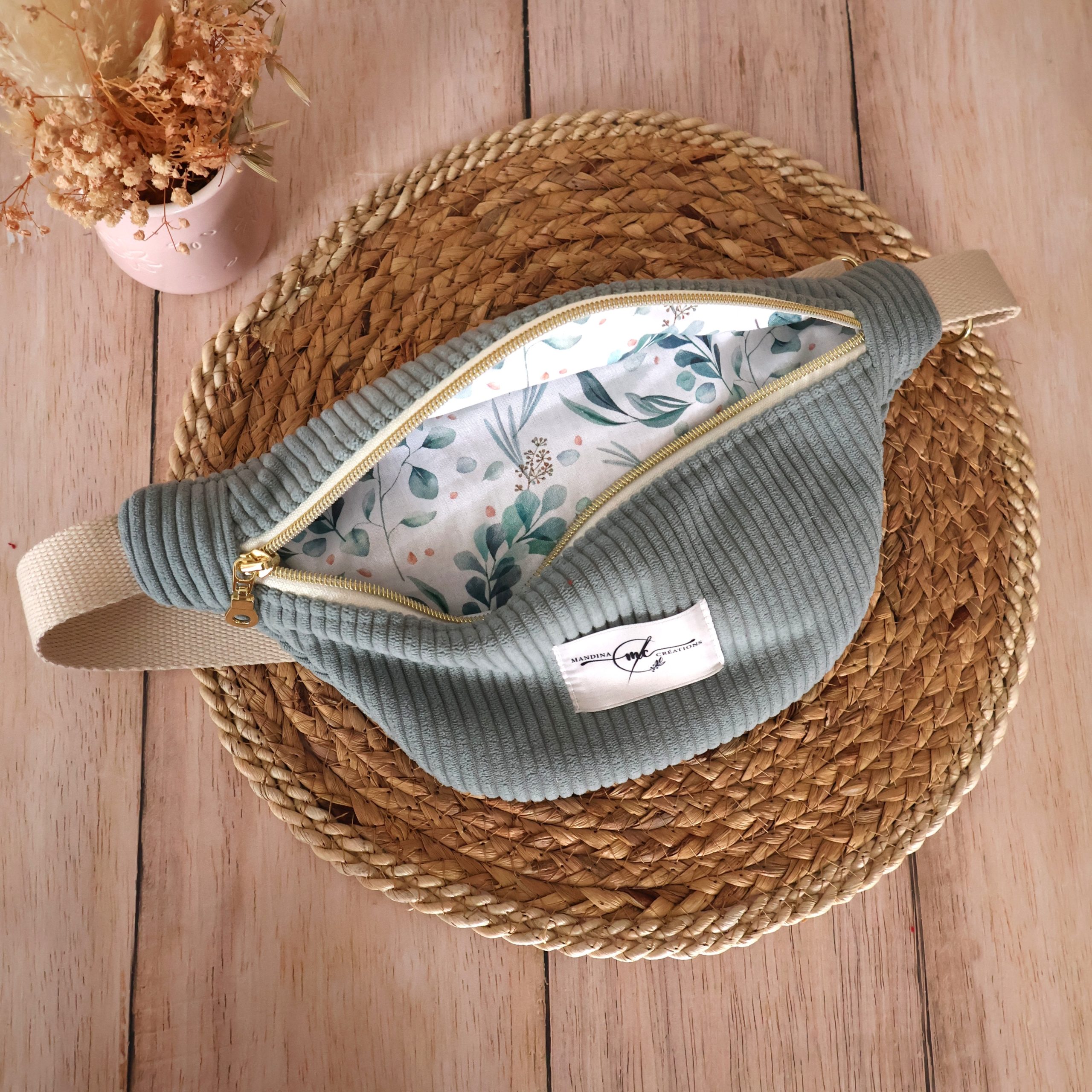 sac banane standard velours côtelé vert sauge eucalyptus